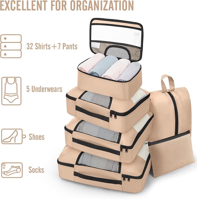Veken 8 Set Packing Cubes for Travel Essentials, Suitcase Organizer Bags in 4 Sizes, Carry-On Luggage Accessories with Laundry Bag, Airplane Must Have with 99-Count Mesh Holes