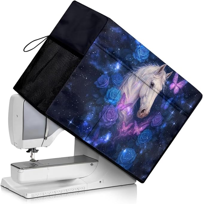 Rose Horse Print Sewing Machine Cover Heavy-Duty Dust & Pet Hair Protection with Storage Pocket, Fits Brother, Singer, Janome Machine (Blue)
