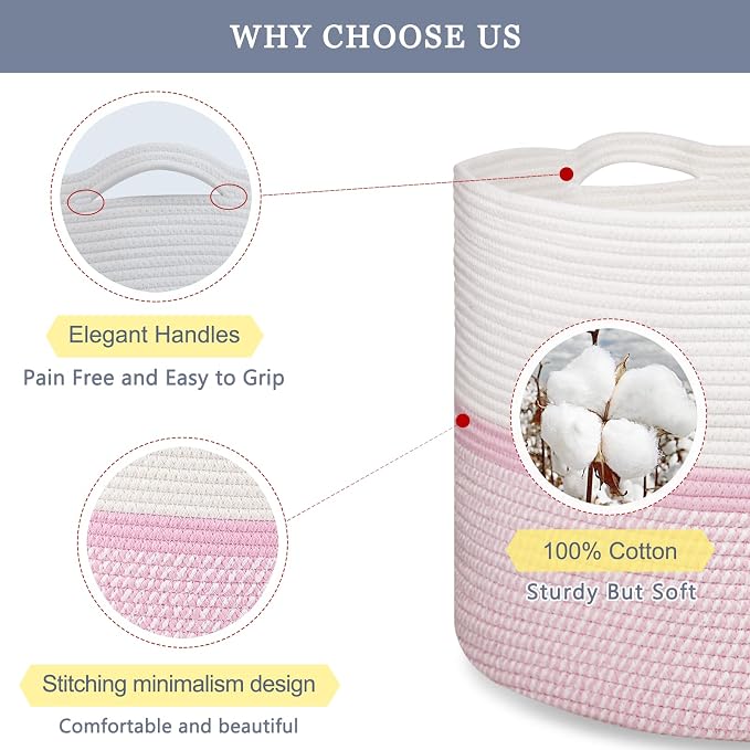 Cotton Rope Basket for Girls Kids, 87L Laundry Hamper, White & Pink