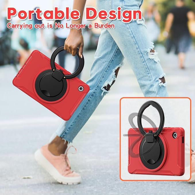 Heavy Duty Shockproof Case for Samsung Galaxy Tab A11 8.7 Inch 2025 (Model: SM-X133/X135/X135F) - with 360° Rotating Stand Handle, Built-in Screen Protector,Kid-Friendly Protective Cover (Red)