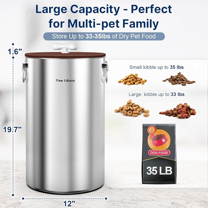 Paw Libero 2PK 35 Lbs Stainless Steel Dog Food Storage Container with Airtight Lid & Ceramic Bone Handle, Large Metal Dog Food Bin for Dogs & Cats, Keep Fresh, Easy to Clean