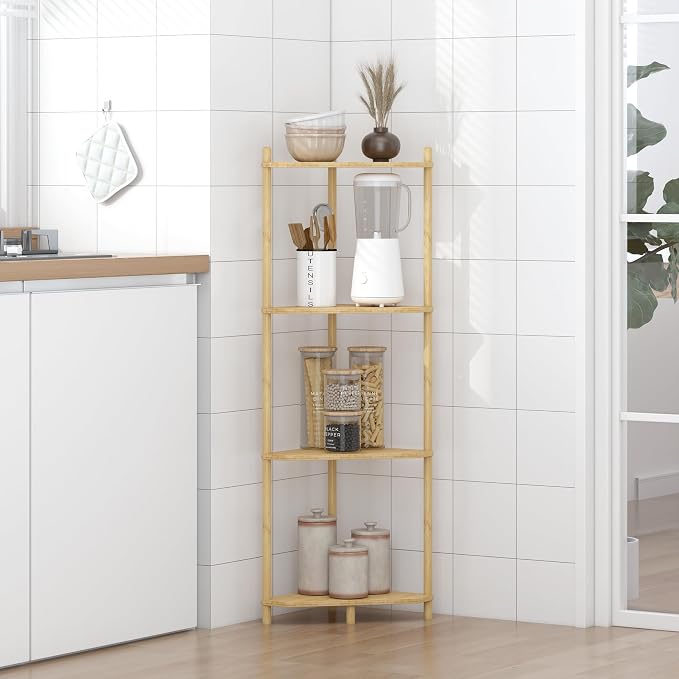 Wisuce Natural Small Corner Shelf Stand, 4-Tier Bamboo Corner Bookshelf | Space-Saving Narrow Corner Shelf | Bathroom Corner Shelf | Shelves for Bedroom, Living Room, Kitchen & Plant Display