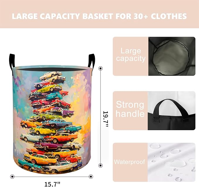 Classic Car Laundry Basket Hamper 19.7"x15.8", Organizer Bins Gifts for Kids Boys Girls, Colorful Classic Cars Foldable Waterproof Oxford Clothes Storage Bucket for Bedroom Bathroom Decor