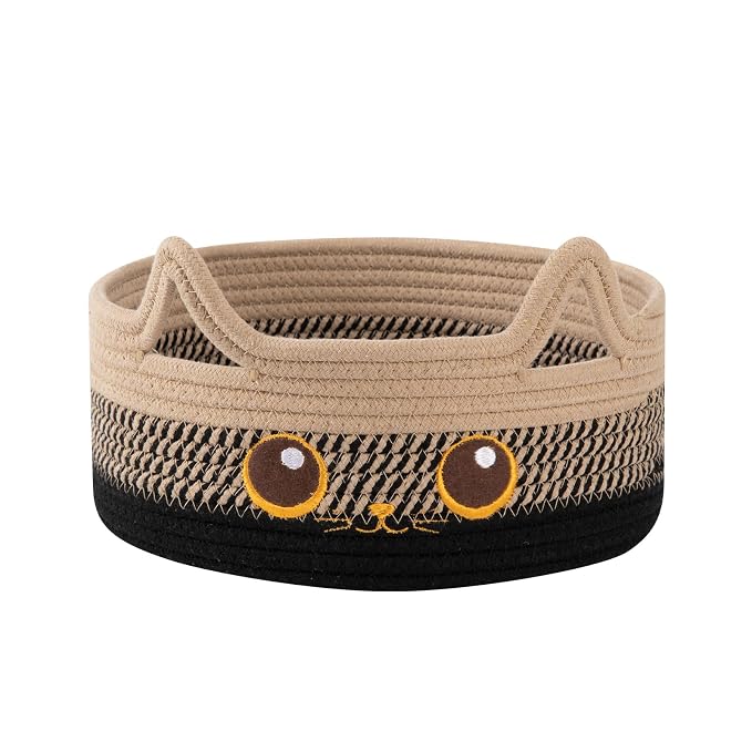 Small Cotton Rope Storage Basket,Round Cat Toy Basket,Beige & Black | Cute Decorative Dog Toy basket, Toy Bin for Baby, Pet, Gift Basket for Halloween, Baby Shower , 11"×11"×4.7"