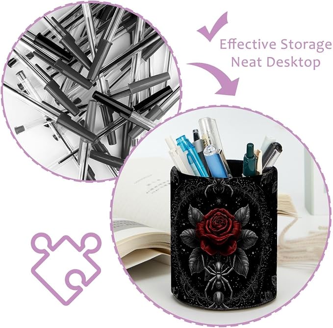 Faux Leather Pen Holder for Desk, Pencil Organizer Rose and Spider Pen Cup Desk Decor Makeup Brush Holder Storage for Office Home