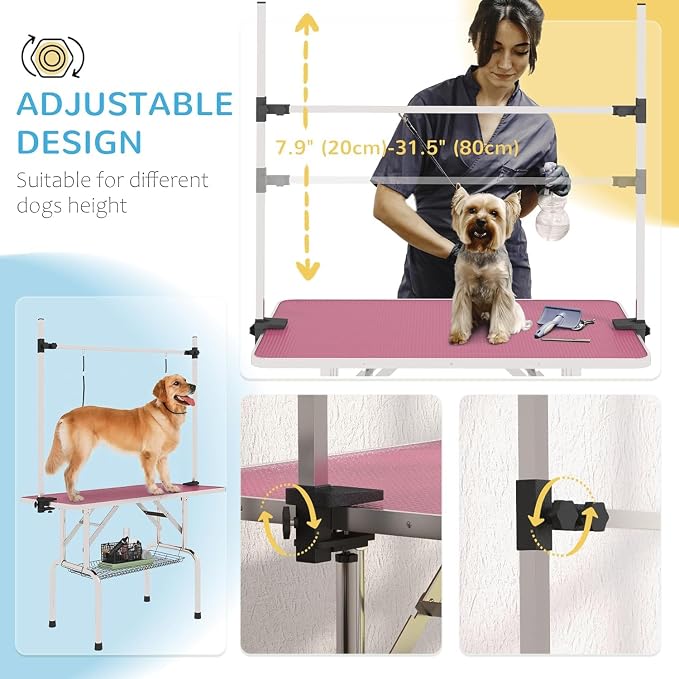 Pet Dog Grooming Table, Foldable Stainless Steel Pet Drying Grooming Table Up to 330lbs, Professional Bathing Desk for Dogs at Home with Adjustable Overhead Arms, Noose, Mesh Tray, 42''/Pink