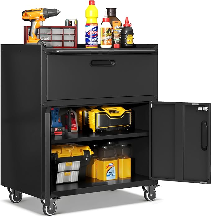 Garage Cabinets,Metal Garage Storage Cabinet with Wheels,Black Lockable Rolling Tool Cabinet with Drawer and Adjustable Shelves,Heavy Duty Tool Chest for Home Office Utility Room