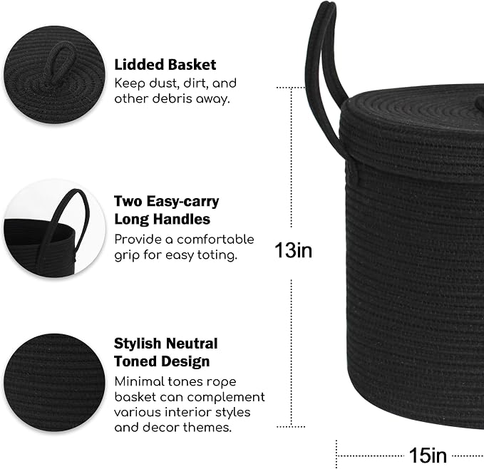 15" X 13" Large Black Basket with Lid, Cotton Rope Storage Basket for Blanket, Toy, Pillow, Towel, Laundry, Wicker Living Room Bedroom Storage Bin, Black Woven Organizing Basket with Cover
