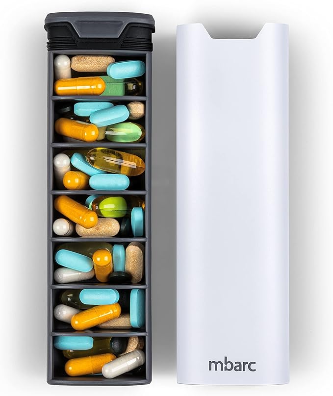 HigherHuman 7 Day Weekly Pill Organizer by mbarc - Premium Stylish Aluminum and Wood Large Capacity Pill Box for Supplements, Pills, Vitamins and Medicine. (White)