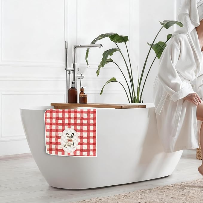 Red Plaid French Bulldog Kitchen Towels 16x24 Inch, French Bulldog Gifts Decorative Hand Towels for Bathroom, Red Checkered Frenchie Dog Dish Tea Towel Drying Cloth