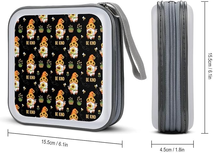 CD Protective Case Sunflower Gnome 40 Capacity DVD Holder Wallet | Hard Plastic Disc Storage Binder Be Kind Sunflower Gnome, Sturdy Zipper, Portable Carry Handle for Home Travel