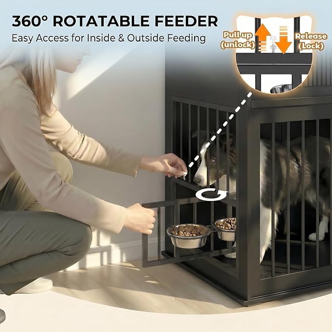 71" Large Dog Crate TV Stand with 3 Fluted Drawers, Furniture Style Wooden Double Dog Crate Furniture with Power Outlet and Rotating Feeders, Dogs Cage for Small Medium Large Dogs, Black