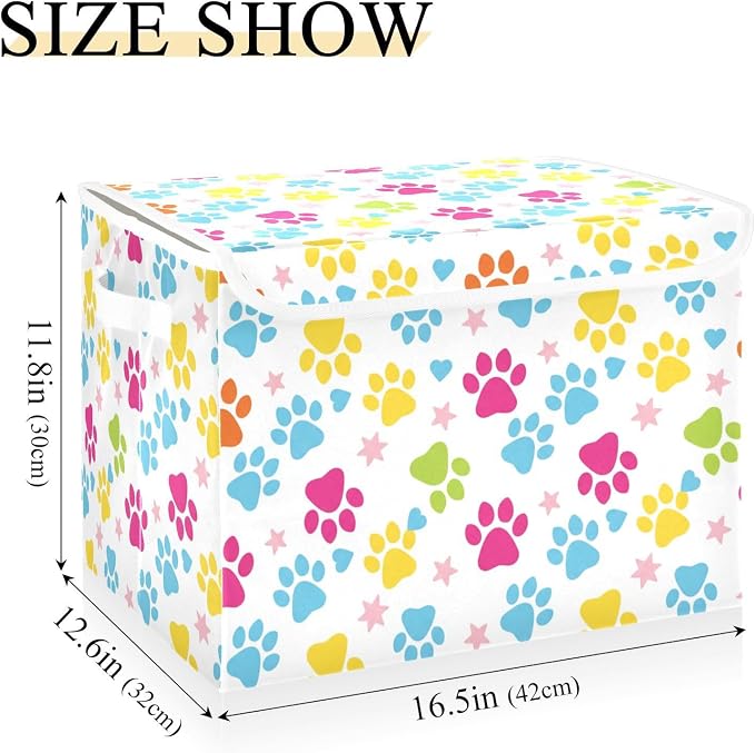 Storage Bins with Lid Bright Paw Print Foldable Storage Boxes 40L Baskets | Decorative Storage Boxes, Dust-Proof Flip Top, Reinforced Handles, For Home & Bedroom, Clothes & Toy Box, Oxford Fabric Print