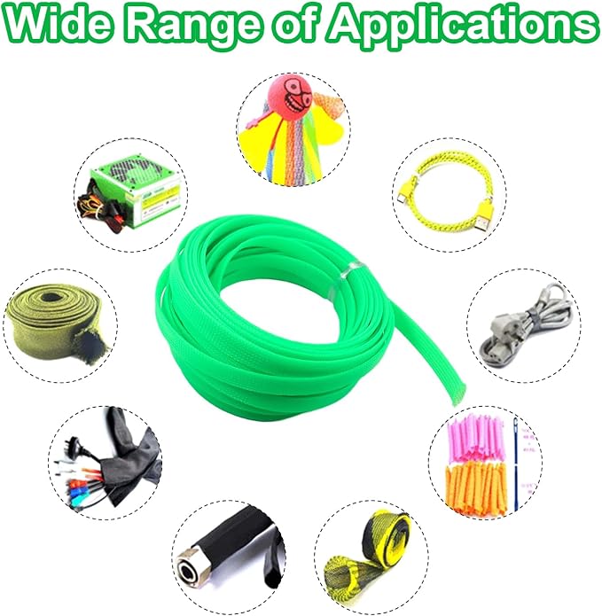 Heyiarbeit 10m/32.8ft PET Expandable Braid Cable Sleeving Flexible Wire Mesh Sleeve Fluorescent Green 12mm