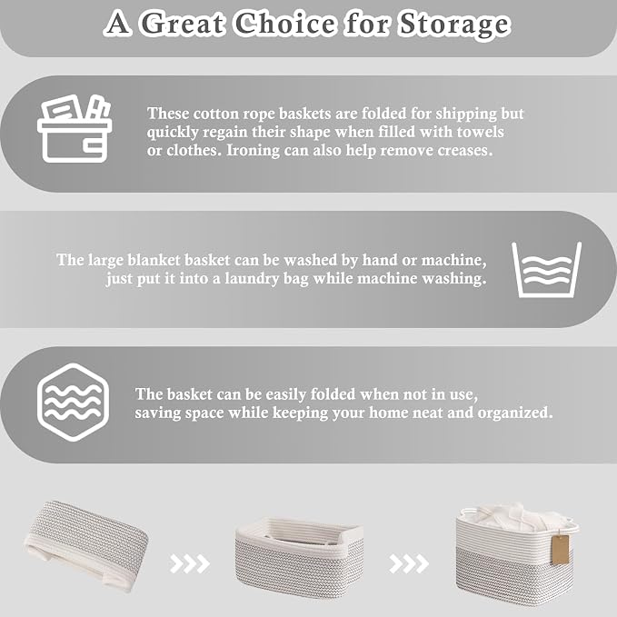 Goodpick Woven Rope Storage Basket for Shelves, Rectangle, Mix White | 13" × 10" × 9" Stylish Gift Basket for Nursery & Bedroom Organization, Cotton Rope Baskets for Toys & Baby Essentials Storage