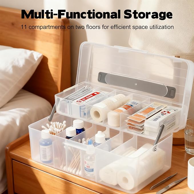 Clear Plastic Bandages Storage Organizer, 2 Tiers Bandage Storage with Lid and Handle, First Aid Box, Large Portable Medicine Container Holder Empty, Suitable for Home, Office, Travel, School, Office