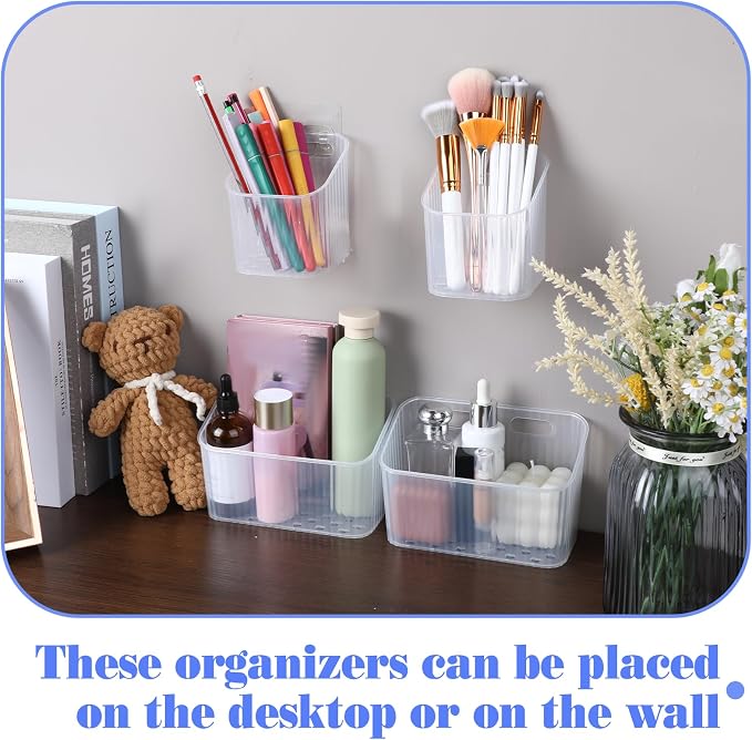 Clear Wall Basket, Wall Mounted Storage Bins, 8 Pcs | Plastic Cabinet Door Organizer Shower Caddy with Self-Adhesive Hanger, Containers Box for Bathroom Kitchen Pantry Countertop