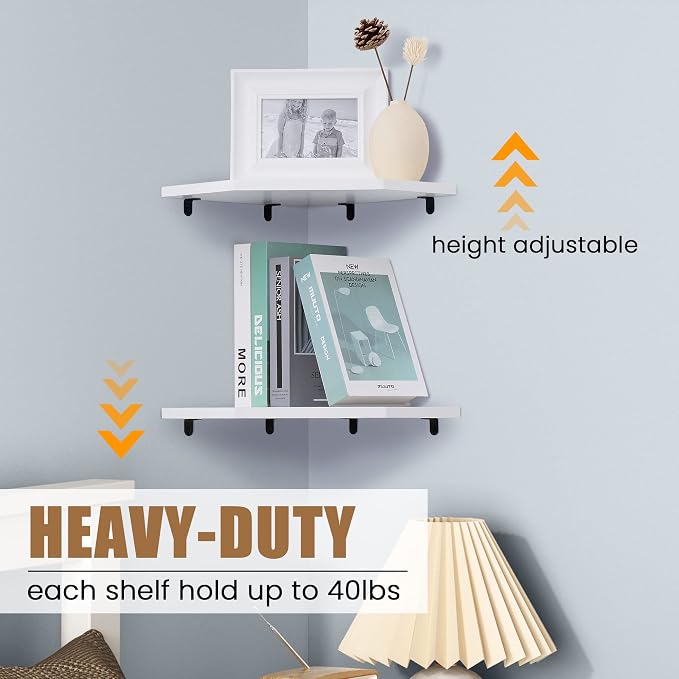 Fun Memories Corner Shelf Wall Mount, Floating Corner Shelves, Set of 4 Corner Wall Shelf Organizer, Rustic Wood Wall Storage Display Shelves for Living Room Bedroom Bathroom Kitchen, Rustic White