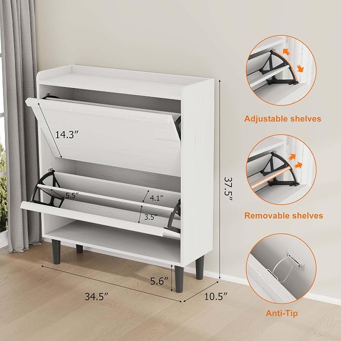 GarveeHome Shoe Cabinet with 2 Flip Drawers, Wooden Shoe Organizer with Adjustable Shelf, Shoe Storage for Entryway, Hidden Shoe Cabinet for Hallway, Living Room, White