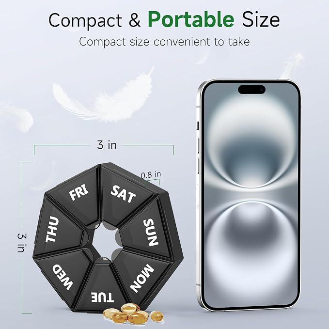 Weekly Pill Organizer, 2 Pack Portable Travel Pill Box, 7 Day Pill Case | Easy Open, BPA-Free, Arthritis Friendly Medicine Pill Container, Medicine Case for Vitamins,Supplements Medications, Black