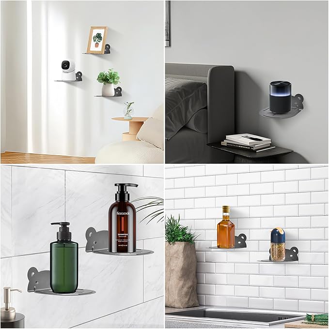 Small Wall Shelf Mount, Stainless Steel for Security Cameras/Baby Monitors/Speakers - with No-Drill Adhesive & Cable Management Holes (3-Packs)