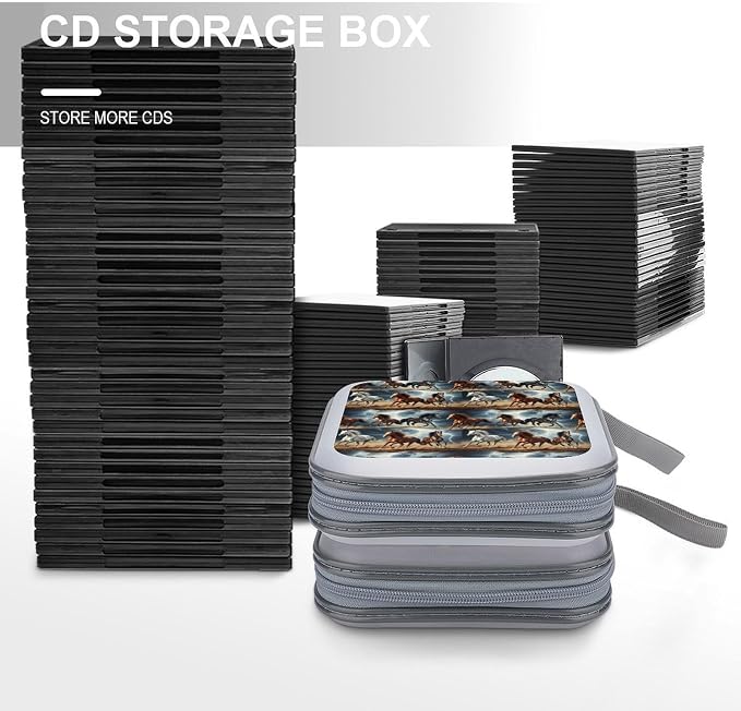 Hard Plastic Protective CD Case Running Horse, 40-Disc Capacity Storage Binder with Zipper, Portable Organizer for Home Office