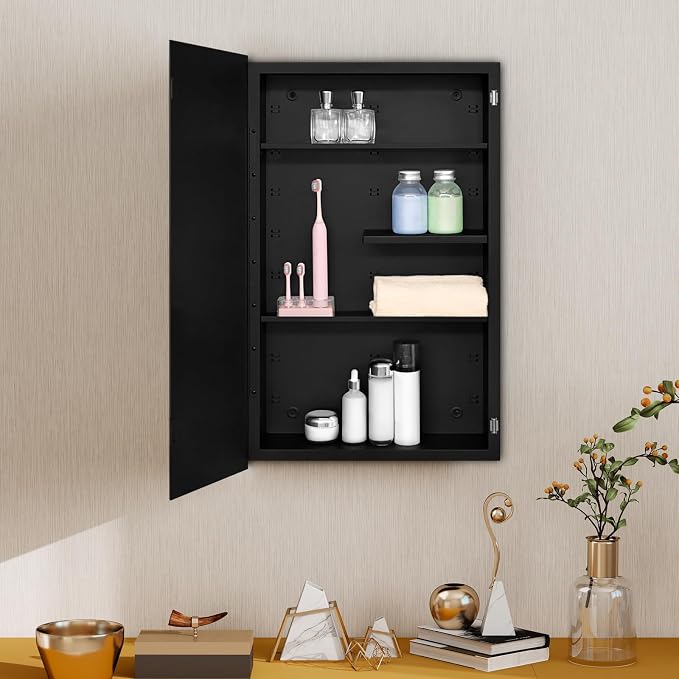 Black Metal Medicine Cabinet, 18 x 30 Beveled Mirror, Recessed Wall Storage | Bathroom Mirror Cabinet with Adjustable Staggered Shelves, Piano Hinge, Left/Right Swing, Fully Assembled, Matte Black Finish
