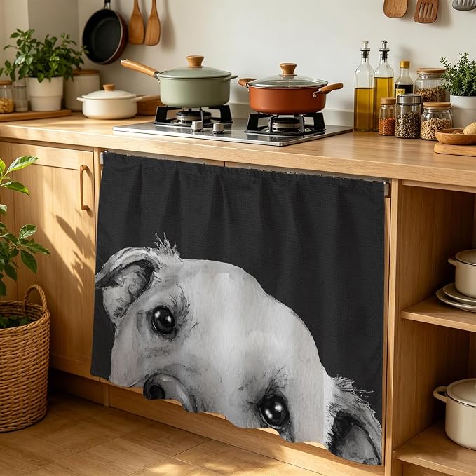Black Dog Cabinet Curtain 35"Wx35"L,Dustproof Under Sink Skirt with Self Adhesive Tape,Cute Pets Eyes Animals Fur Vintage Oil Painting Cabinet Curtain Cover for Kitchen Sink,Bathroom Vanity,Laundry