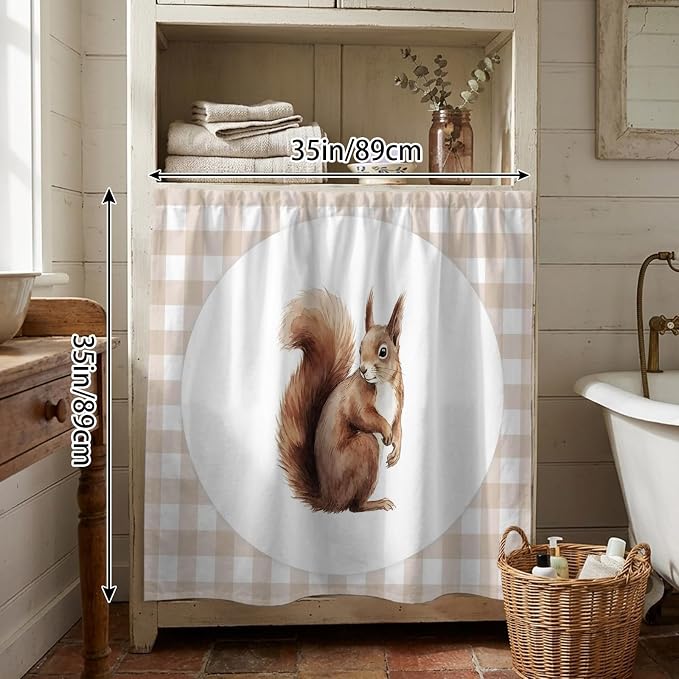 Squirrel Plaid Cabinet Dishwasher Hidden Curtains, Privacy Closet Door Curtain, Modern Farmhouse Checkered Rustic Animal Adhesive Dust Proof Under Sink Skirt for Bathroom Kitchen 35"x35"