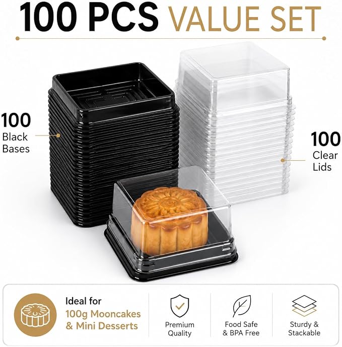 DOITOOL 100 Pcs 3 Inch Mini Cake Containers Plastic Square | Individual cupcake containers with lids, mini cake boxes for muffin mooncake, macarons, dessert, wedding birthday supplies