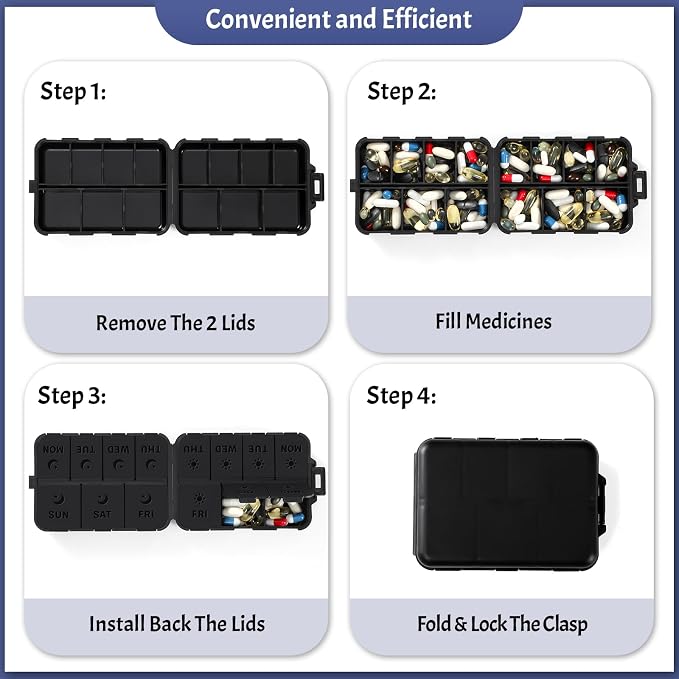 New Foldable & Double Protection Portable Weekly Pill Organizer 2 Times A Day with Etched Labels, AM PM 7 Day Week Medicine Box, Daily Travel Pill Case Dispenser for Vitamin, Supplement - All Black