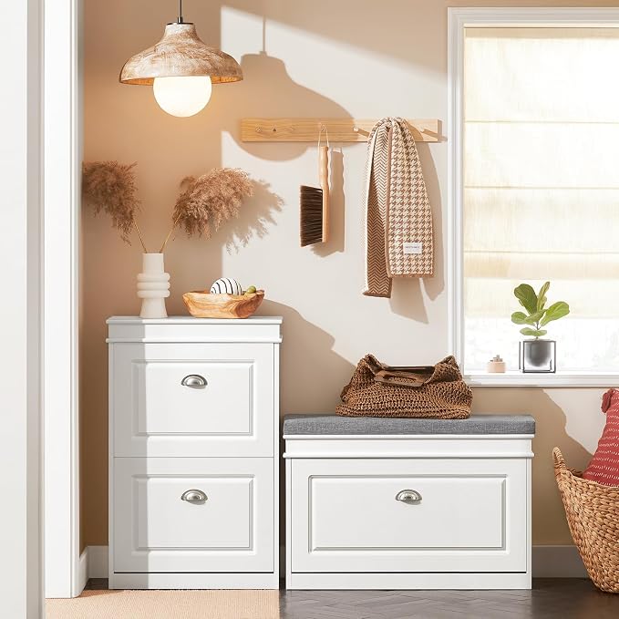 Haotian Shoe Storage Bench with Cushion | White Narrow Shoe Rack for Entryway, Small Shoe Cabinet with Flip-Drawer, Closet Hallway Mudroom FSR82-L-W