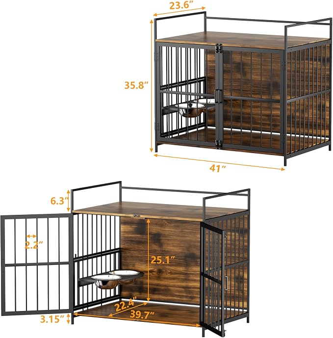 ROOMTEC 41 Inch Dog Crate Furniture, Indoor Kennel End Table | Steel-Tube Frame, Storage Top, Adjustable 360°Rotating Feeder, 2 Stainless Steel Bowls, With Pad, For Medium dog