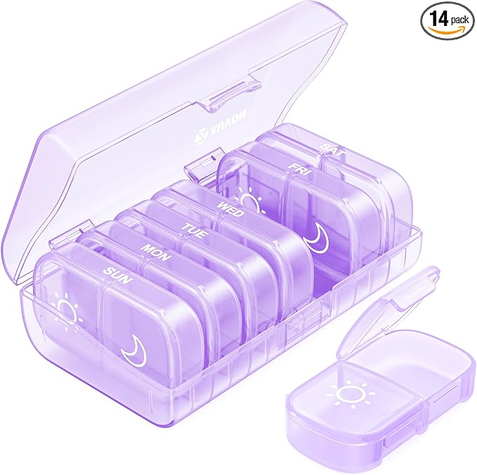 AUVON Weekly Pill Organizer 2 Times a Day, One-Sided Opening, Easy to Use | AM PM Pill Case, XL Pill Box 7 Day, Travel Medication Organizer for Medication, Vitamins, Fish Oils, Supplements, Pale Purple