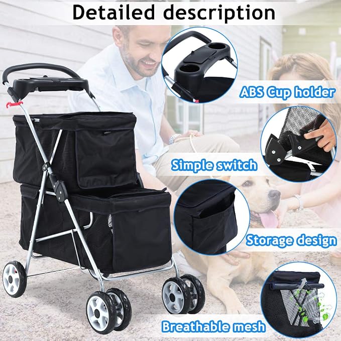 Double Dog Stroller Pet Stroller Cat Stroller for Small Medium Dogs Cats 2 Doggie Puppy or Two Kitty 4 Wheels Folding Travel Carrier Cage with Cup Holders 35LBS Capacity Pet Jogger Strolling Cart