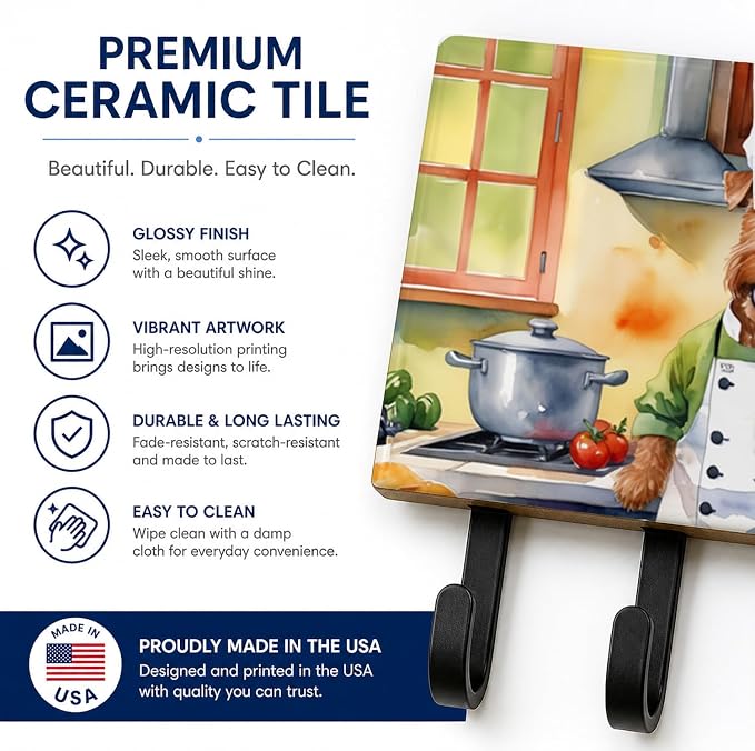 Caroline's Treasures Irish Terrier The Chef Leash or Key Holder Wall Hooks, Key Hooks Holder, Coat Rack Wall Mount, Coat Hooks, Hooks for Hanging Keys, Towels, Aprons, Leashes | Irish Terrier The Chef artwork on ceramic tile with three steel hooks for ...
