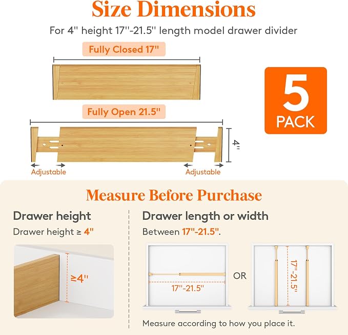 Lifewit 4" High Dresser Drawer Dividers, Adjustable Bamboo Drawer Organizer | 5 Pack 17"-21.5" Expandable Drawer Separator for Clothes, Utensils, Kitchen, Cabinet, Closet, Nursery Organization & Storage