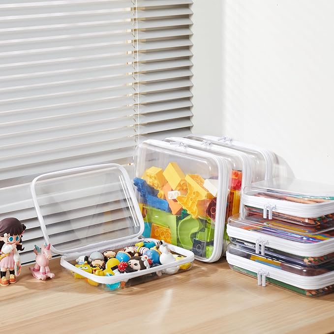 MACOPRO 6PCS Clear Zipper Pouches, Christmas Item Storage Bins, Zippered Hard Pouch Double, Portable Makeup and Cosmetic Bag, Toy Storage Organizer Bins, Hard Plastic Case, Clear Zipper Bags