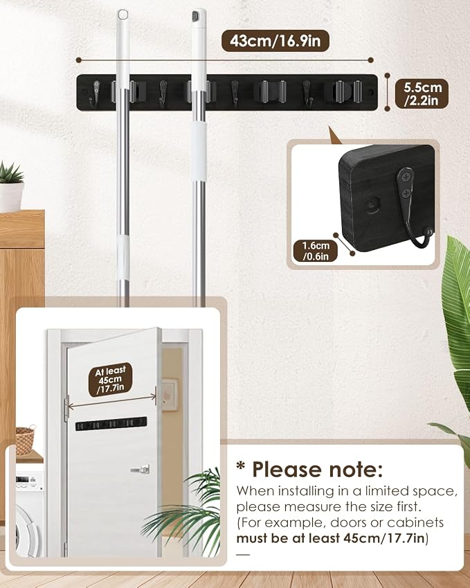 AceMining Black Broom Holder Wall Mount, 4 Holders 4 Hooks Mop Holder | Mop Holder Wall Mount and Broom Hanger for Garage, Laundry Room, Kitchen and Utility Storage