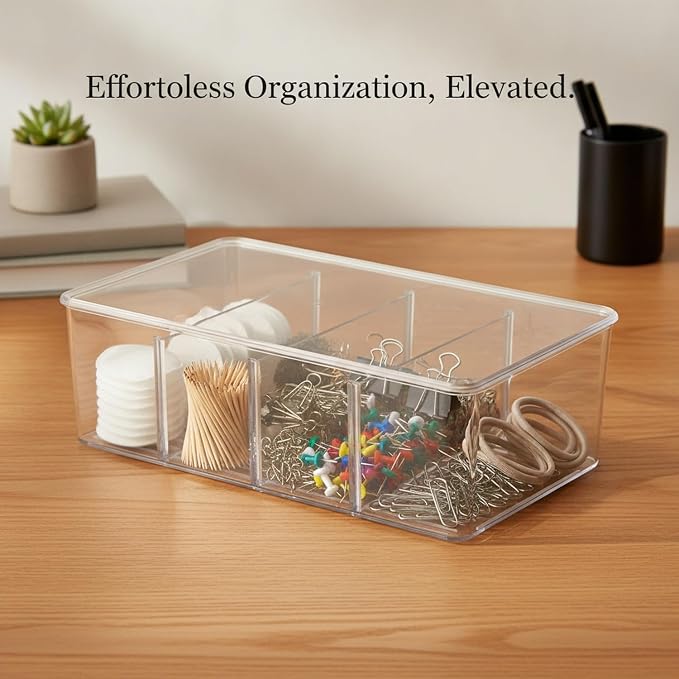 Durable PET Plastic Storage Bin with Lid and Dividers, Clear Organizer Box for Bathroom, Kitchen, and Office Desk, 10.4 x 6.1 x 3.5 Inches