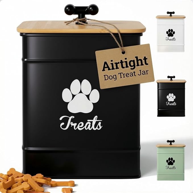 Dog Treat Container Airtight, 6"W x 8"H, Powder Coated, 12 Cup Capacity | Fits All Popular Treats, 12 Cup Capacity, Airtight Bamboo Lid, Easy Open Lid, Dent-Resistant Durable Metal Bone-Shaped Handle