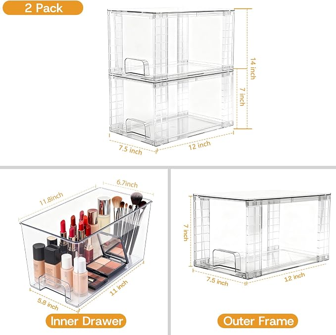 6 Pack Stackable Acrylic Storage Drawers – Clear Plastic Organizer Bins, Easy to Assemble, Suitable for Bathroom, Undersink, Kitchen, Pantry, Makeup, Medicine Organization