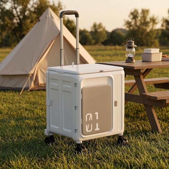 Folding Utility Cart with Lid Lightweight Foldable Rolling Crate Folding Cart with Lid for Picnic, White Gray