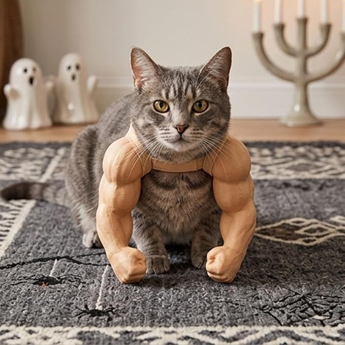 Cat Muscle Arms Pet Costume, Funny 3D Printed Buff Design, Lightweight Adjustable Neck Hanging Shoulder Outfit with Big Biceps Hands, Halloween Cosplay Photo Prop for Cats & Small Dogs, Small