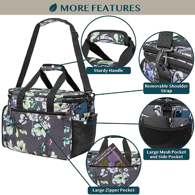 PAVILIA Knitting Bag Yarn Storage Tote, Large Crochet Organizer Bag, Yarn Storage Holder for Crocheting Knitter, Knitting Project Bag, Crochet Accessories Set, Gifts For Crochet Lovers, Floral Gray