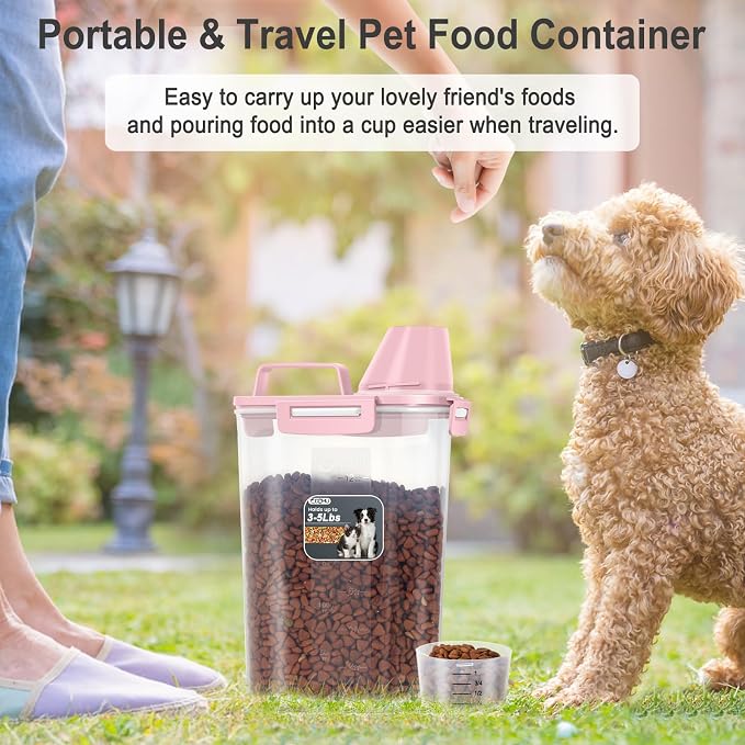 Dog Cat Food Storage Container with Cup (Pink, 2.5L (2 pack)) | Pet Food Pourable Container Airtight with Large Spout, BPA-Free Plastic Food Dispenser for Pet Food, Bird Seed, Rice, Flour