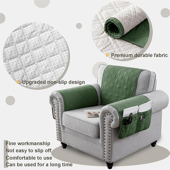 Recliner Armrest Cover with Headrest, Chair Armrest Slipcover with Side Pockets, Water-Resistant, Non Slip Furniture Protector for Pets (Green,1 Seater 3PCS)