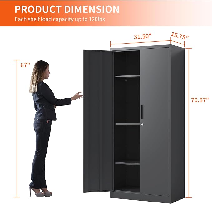 Metal Storage Cabinet for Garage, Tool Cabinet, Utility Cabinet | Tall Tool Cabinet, Lockable, 2 Doors, 4 Adjustable Shelves, Assembly Required, Black