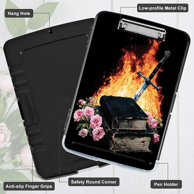 A4 Clipboard with Storage Pen Holder, Clipboards Organizer Nursing Clipboard Foldable File Folder Plastic Clipboard Folio Clip Board for Office Work Classroom Doctor, Flame Book Rose