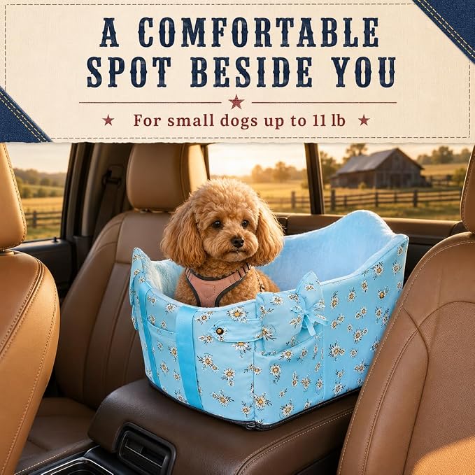 Console Dog Car Seat Up to 11lbs (Blue Daisy) | Portable Dogs Armrest Booster Seat for Small Dog, Anti-Collapse Pet Car Seat with Soft Cushion Safety Belt